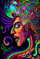 Generative AI render of a psychedelic mockup human head