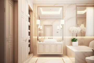 Fototapeta na wymiar Interior of bathroom with beige and white themed furnishings. Generative AI