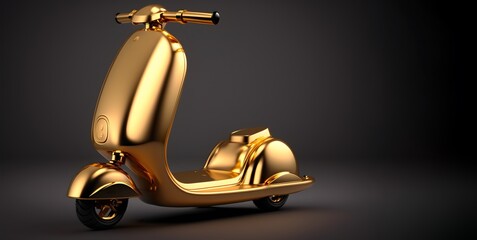 Retro scooter 3d render on dark background. Golden city transport.