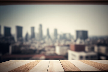 Obraz premium Wood table top against a blurry background of a building wall and a window. For montage product presentation or design background important visual layout. Generative AI