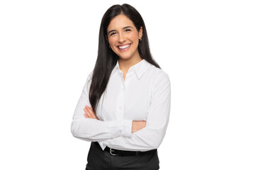 Friendly young business student, entrepreneur, with a charming smile, standing with arms folded against a white background - 568211453