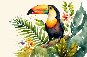 Fototapeta premium Cute toucan in a lush environment, perched on a tree surrounded by grass and leaves. Kids' watercolor illustration of a colorful toucan bird. Generative AI