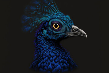 Obraz premium Portrait of a Blue Peacock's Head with a Black Background. Generative AI