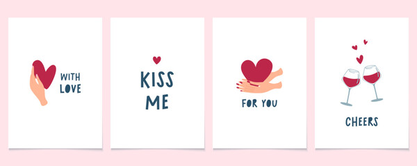 Happy Valentine's Day cards. Minimalistic prints with hearts and quotes. Flat style vector illustrations.