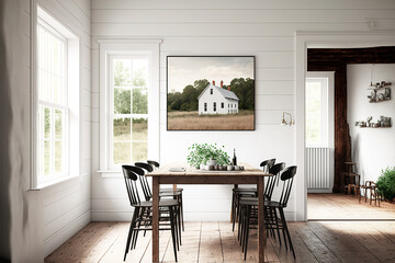 Design of a farmhouse dining room with a wooden table and chairs against a white wall,. Generative AI - obrazy, fototapety, plakaty