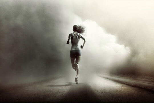 Woman Running on Path, Runner Abstract Art, Misty Fog, Moody Athlete Illustration, Black and White Design, Poster, Print, Web
