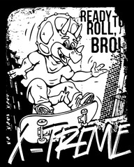 Art. Black and white illustration. Triceratops rides a skateboard. Cool dinosaur. Vector illustration. grunge. Fan t-shirt design. print. Dinosaur character design. Coloring