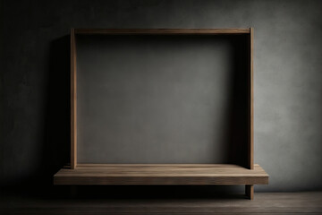 An empty wooden table top is framed by a dark, blurred concrete wall. for displaying products. Generative AI