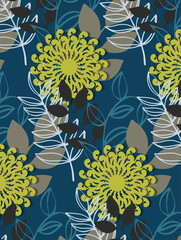  Seamless pattern with leaves on the blue background
