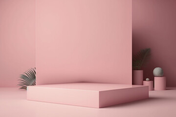 Modern Product Showcases with Pink Platform & Palm Leaves - Clean, Sleek, Minimalistic Design for High-End Displays of Jewelry, Cosmetics, Apparel, Shoes, Electronics, Art, Watches, Makeup & Gifts