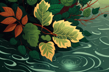Rainy season, rippling water with leaves on it. Generative AI