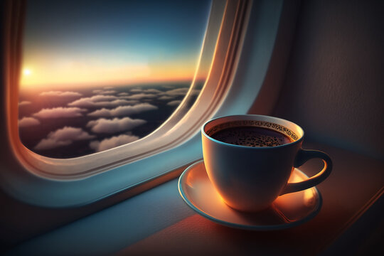 Tasse de café dans un avion, par la fenêtre le ciel, au dessus des nuages (AI)