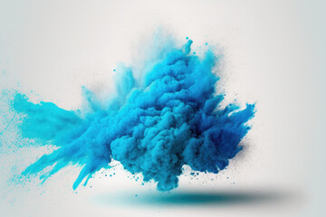 eruption of blue powder on a white background. cloud with color. Bright dust explodes. Color Holi. Generative AI