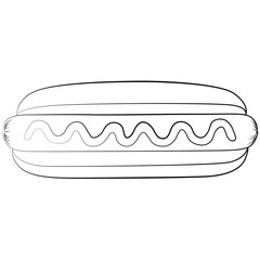 hot dog with mustard food grilled or steamed sausage served in the slit of a partially sliced bun fast food, junk food. sausage in a bun sketch drawing, contour lines drawn