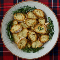 ceramic bowl with sliced toasted rounds of ciabatta bread and sprigs of fresh rosemary