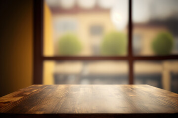 Unoccupied wooden board table in front of hazy background. Coffee shop with perspective brown wood over blur can be used to montage or promote your items. mockup for product presentation. Generative