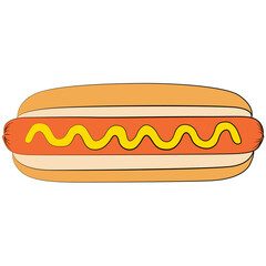 hot dog with mustard food grilled or steamed sausage served in the slit of a partially sliced bun fast food, junk food. sausage in a bun food illustration, graphic