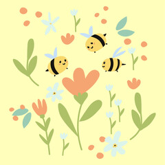 cute postcard with flowers and bees for the holiday