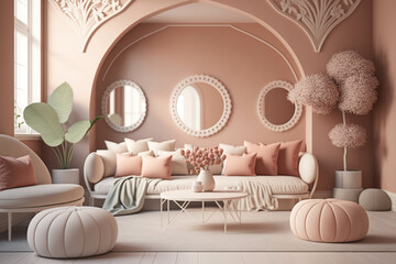 Modern in boho style, living room in pastel beige color 3d render Generative AI