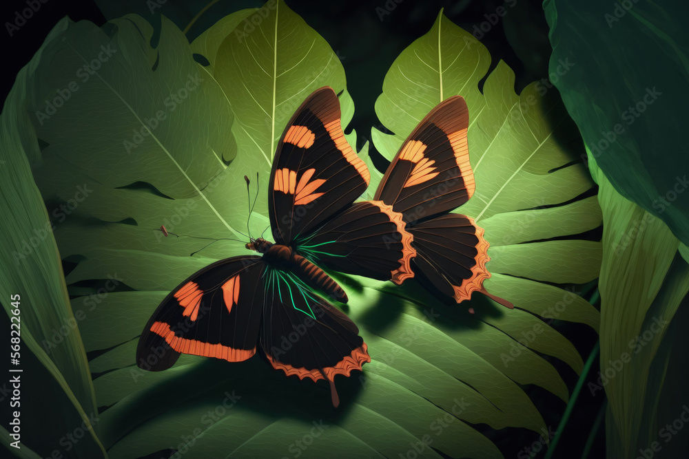 Aufkleber sunbathing on a large green leaf are dark swift butterflies with the small branding. macro photograp