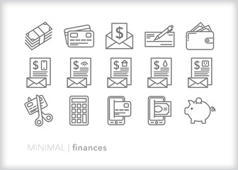 Set of finances line icons of bills, money, payments and savings