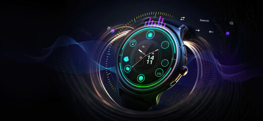 generic modern smart wearable watch wide banner with hologram and screen applications with copy space area