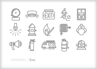 Set of fire line icons of items and themes related to fire prevention and safety