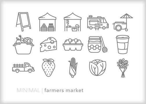 Set of farmers market line icons of produce, vegetables, cheese, meat, and fruits for sale at a summer outdoor market