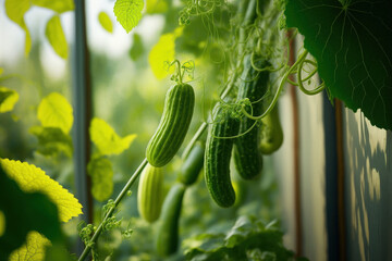 In a greenhouse, young, green cucumbers dangle from the lianas of the cucumber plants. Generative AI