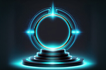 Hologram device, teleport, and circle portal. On a blue background, an empty podium, stage, or magic portal for a show product in a cyberpunk futuristic design. Layout and product template. Generative