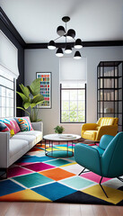 Interior design of a living room with brightly colored walls, long cozy sofas, colorful pillows, armchairs, and textured rug | Bold and colorful living room with bright furniture | Generative Ai 