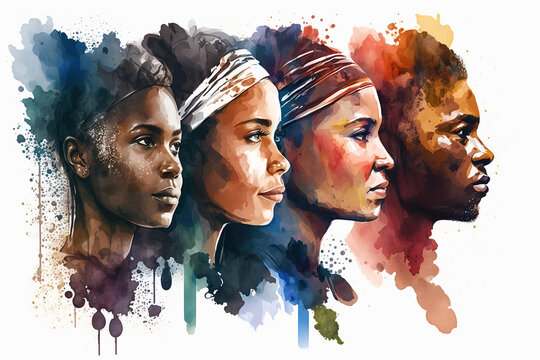Watercolor design portrait of different ethnicities human faces. Banner design.