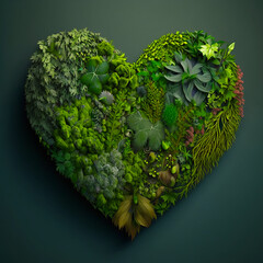 Heart made of green plants. Heart made of plants, ecology concept, love for nature,  ecology lover. For prints, textiles. Ai llustration, fantasy digital painting, artificial intelligence artwork