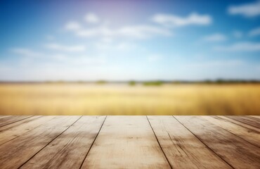 Empty wood table wooden surface with blurred prairie wheat field sunny sky cloud background, mockup template for product display, banner, copy space