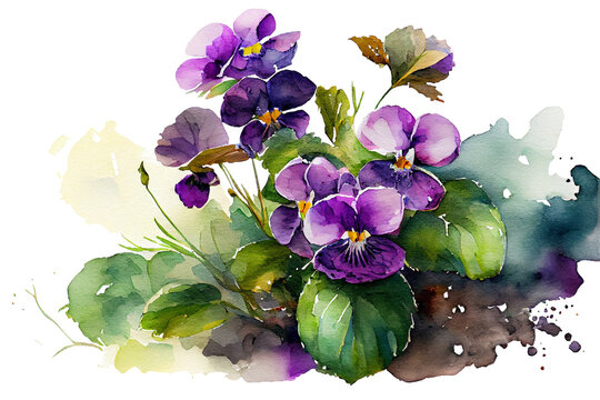 Blooming forest violets, watercolor drawing on a white background. Generative AI.