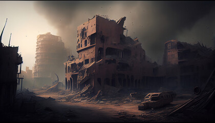 Fototapeta premium View of destroyed city by war, generative ai