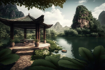 Japanese garden with lake and pavilion