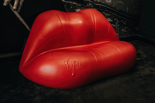 Prague, Czech - February 2023. Surrealist Mae West lips sofa by Salvador Dali