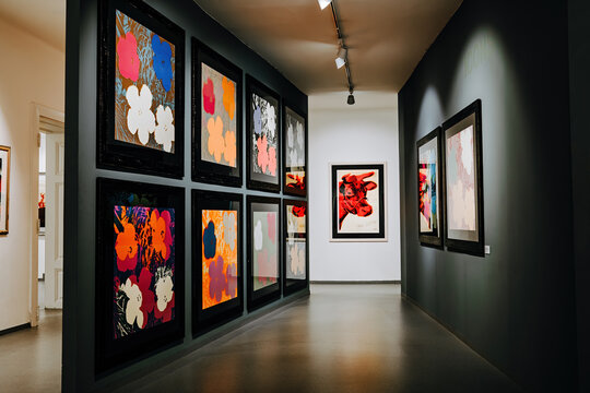 Prague, Czech - February 2023. Andy Warhol exhibition in Central Gallery. Famous colorful installation. Legend artist, painting, collection. High quality photo