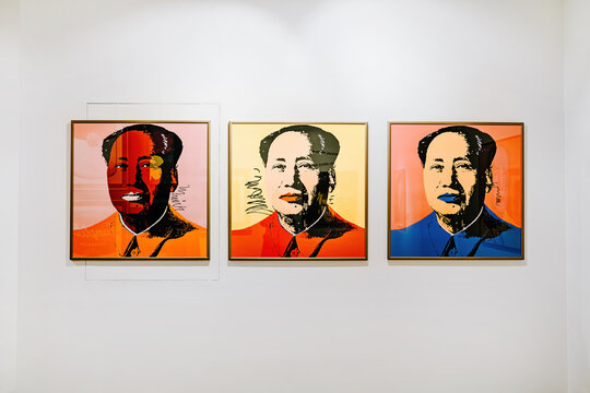 Prague, Czech - February 2023. Andy Warhol exhibition in Central Gallery. Famous Mao Zedong colorful installation. Legend artist, painting, collection. High quality photo