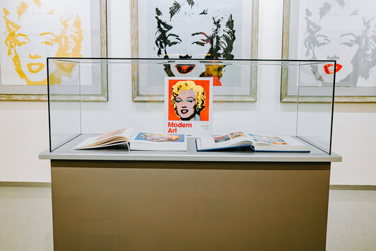 Prague, Czech - February 2023. Andy Warhol exhibition in Central Gallery. Famous colorful Marilyn Monroe installation. Legend artist, painting, collection. High quality photo