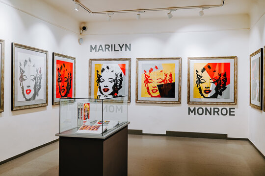 Prague, Czech - February 2023. Andy Warhol exhibition in Central Gallery.  Famous colorful Marilyn Monroe installation. Legend artist, painting, collection. High quality photo