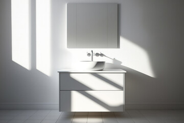a bathroom with morning sunlight and shadow and an empty white vanity counter with a ceramic sink and contemporary style faucet. Mockup blank space for product display. Wall tiles are the background