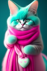 Adorable cute cat portrait character in pink dress with heart isolated teal background. Generative AI