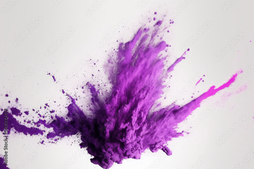 Poster purple color powder exploding in slow motion over a white background. generative ai