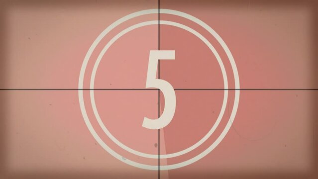 10 seconds vintage film countdown on coral pink orange background. Old retro wipe rolling effect. Scratches, details and noise. Dusty and grainy feel. 4K motion graphics.