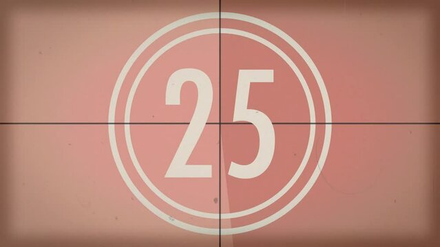 30 seconds vintage film countdown on coral pink orange background. Old retro wipe rolling effect. Scratches, details and noise. Dusty and grainy feel. 4K motion graphics.