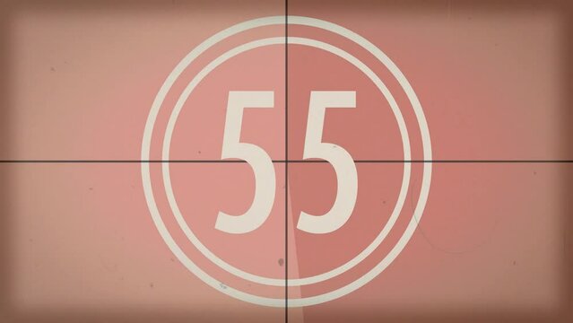 60 seconds (1 minute) vintage film countdown on coral pink orange background. Old retro wipe rolling effect. Scratches, details and noise. Dusty and grainy feel. 4K motion graphics.