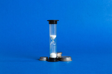 Deadline and time is money concept with hourglass and US coins currency. sand clock time for saving...