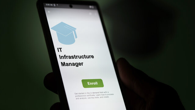 IT Infrastructure manager program. A student enrolls in courses to study, to learn a new skill and pass certification online, information technology speciality. Text in English.